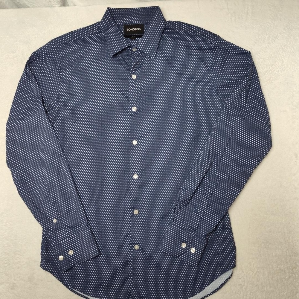 Bonobos Dress Shirt Mens Medium Blue Polka Dot Slim Nylon Point Tech Stretch
